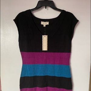 Pink Rose Striped Knit Dress, Color-block, L